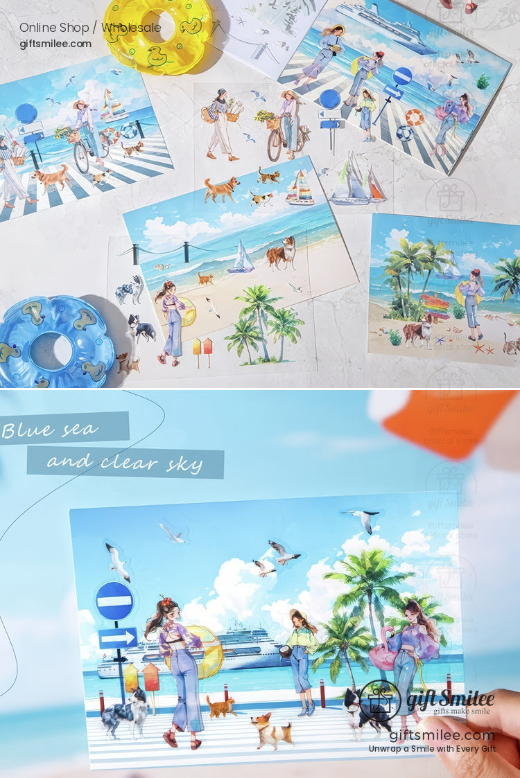 Coastal-themed stationery and postcards with illustrated beach scenes, palm trees, pets, and people by the sea, displayed flat-lay for a summer collection.