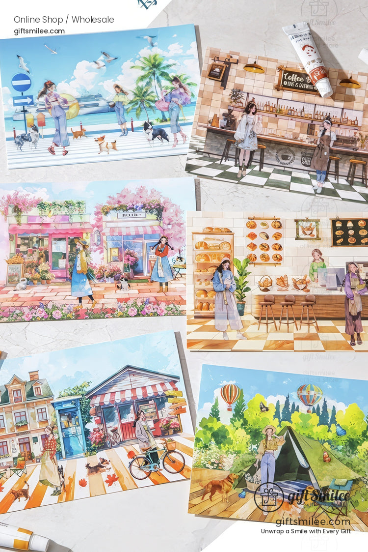 Illustrated seaside promenade with people walking dogs under palm trees and blue sky.
