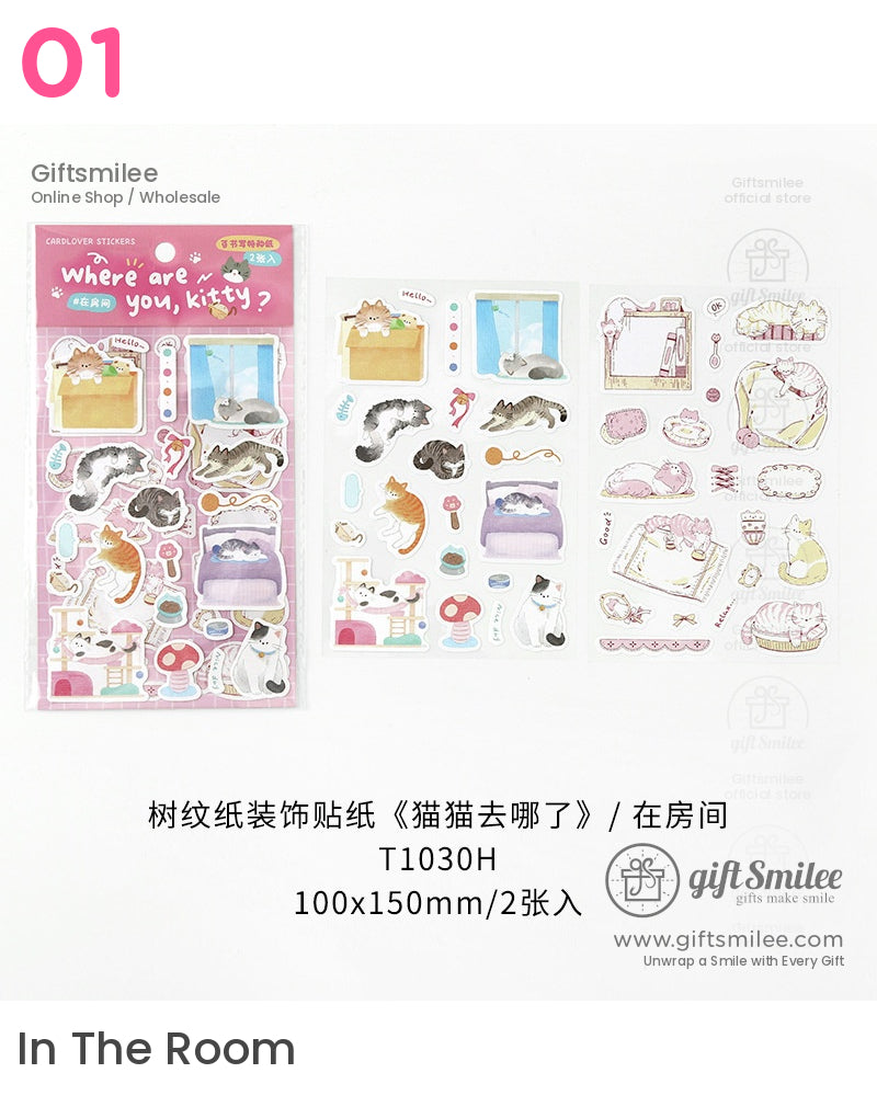 Colorful catthemed sticker set with playful illustrations including beds windows mushrooms and cozy feline poses