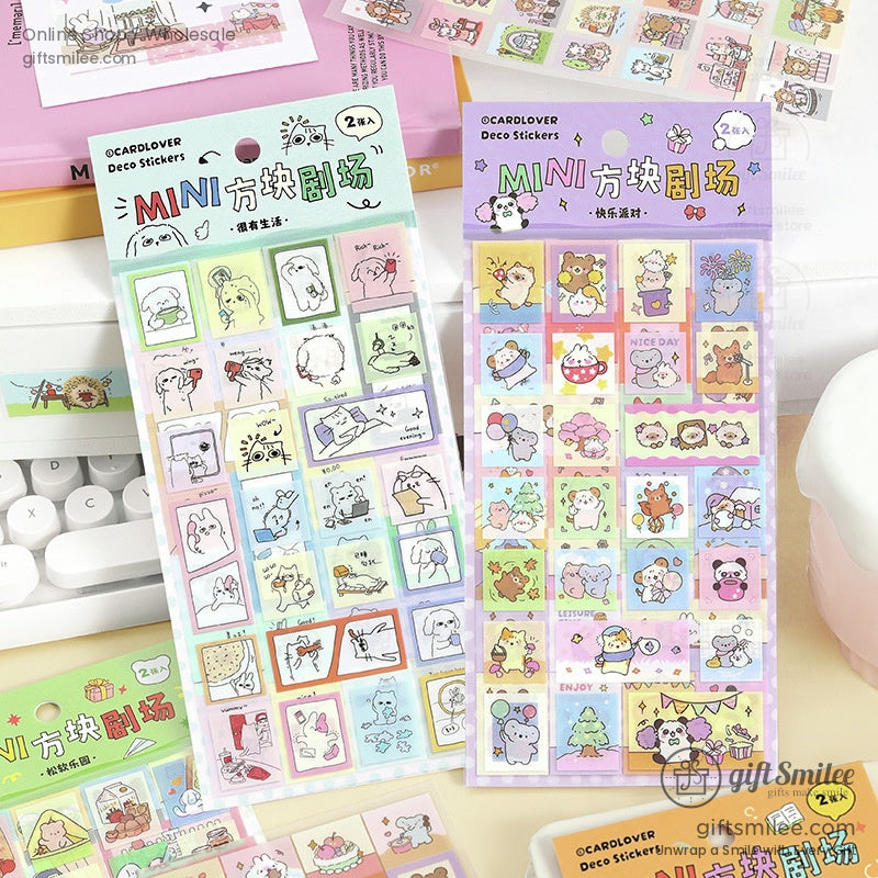 Pastel mini square stickers with cute animal cartoons vibrant colors and playful designs ideal for decoration