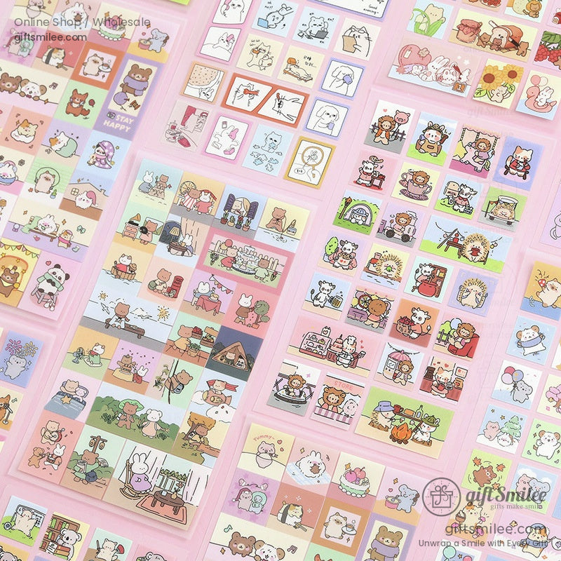 Pastel mini square stickers with cute animal cartoons vibrant colors and playful designs ideal for decoration