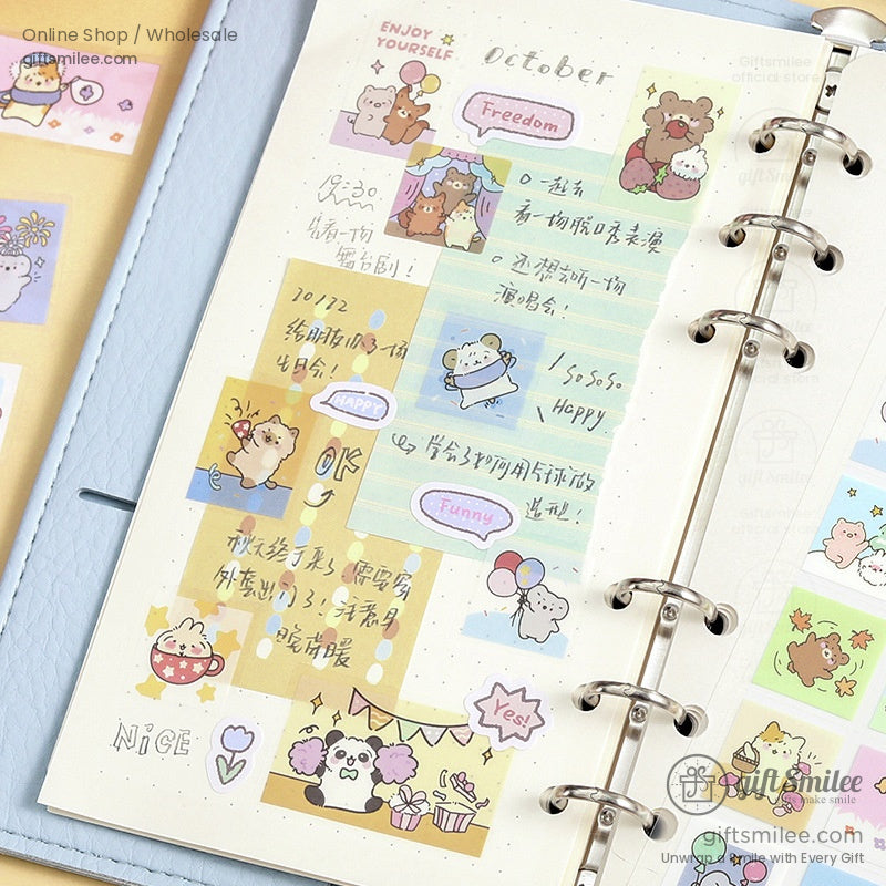 Cute planner page with pastelcolored cartoon animal stickers handwritten notes and a light blue leather binder