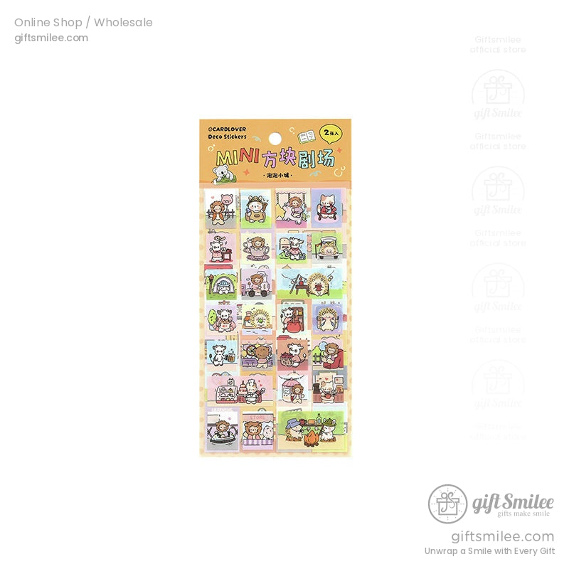 Colorful mini square stickers with cute cartoon animal designs on pastel backgrounds perfect for decoration