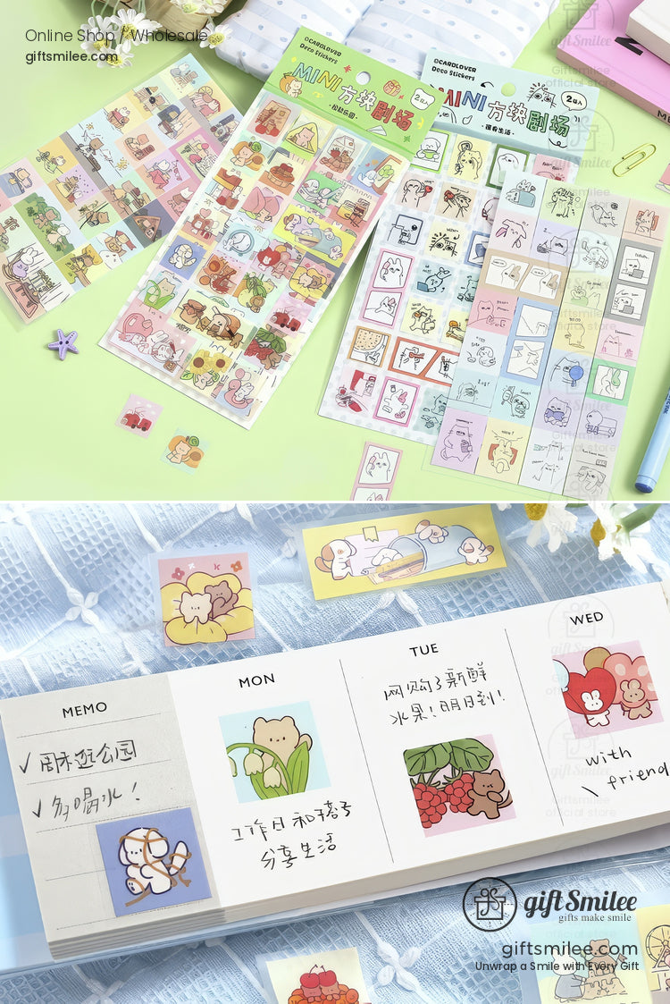 Colorful cartoon animal stickers and mini sticky notes with playful designs perfect for planners or journaling