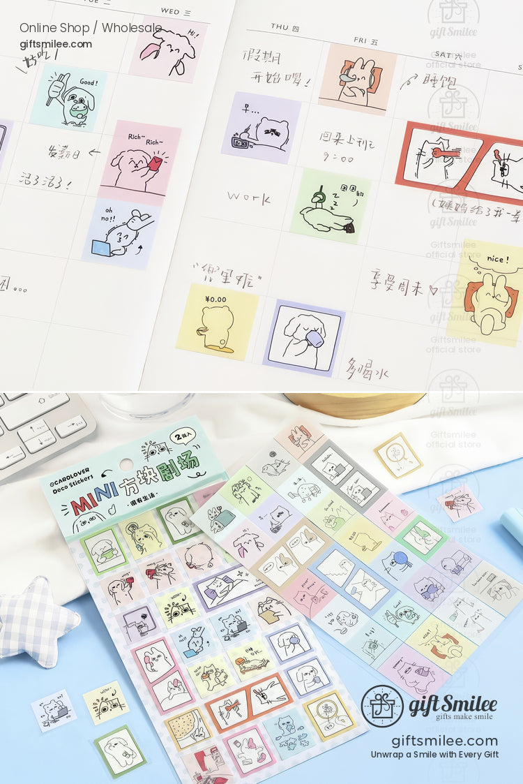 Colorful mini planner stickers with whimsical animal doodles on pastel squares ideal for decorating schedules