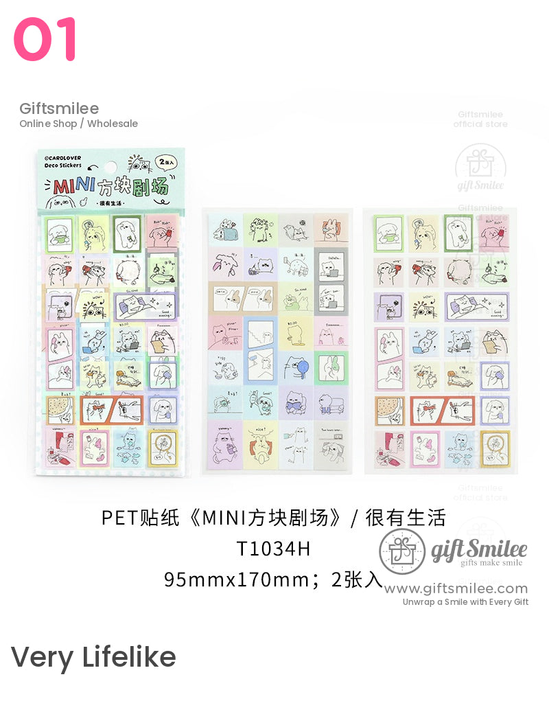 Pastel mini square stickers with handdrawn animal illustrations playful expressions and colorful borders 95x170mm