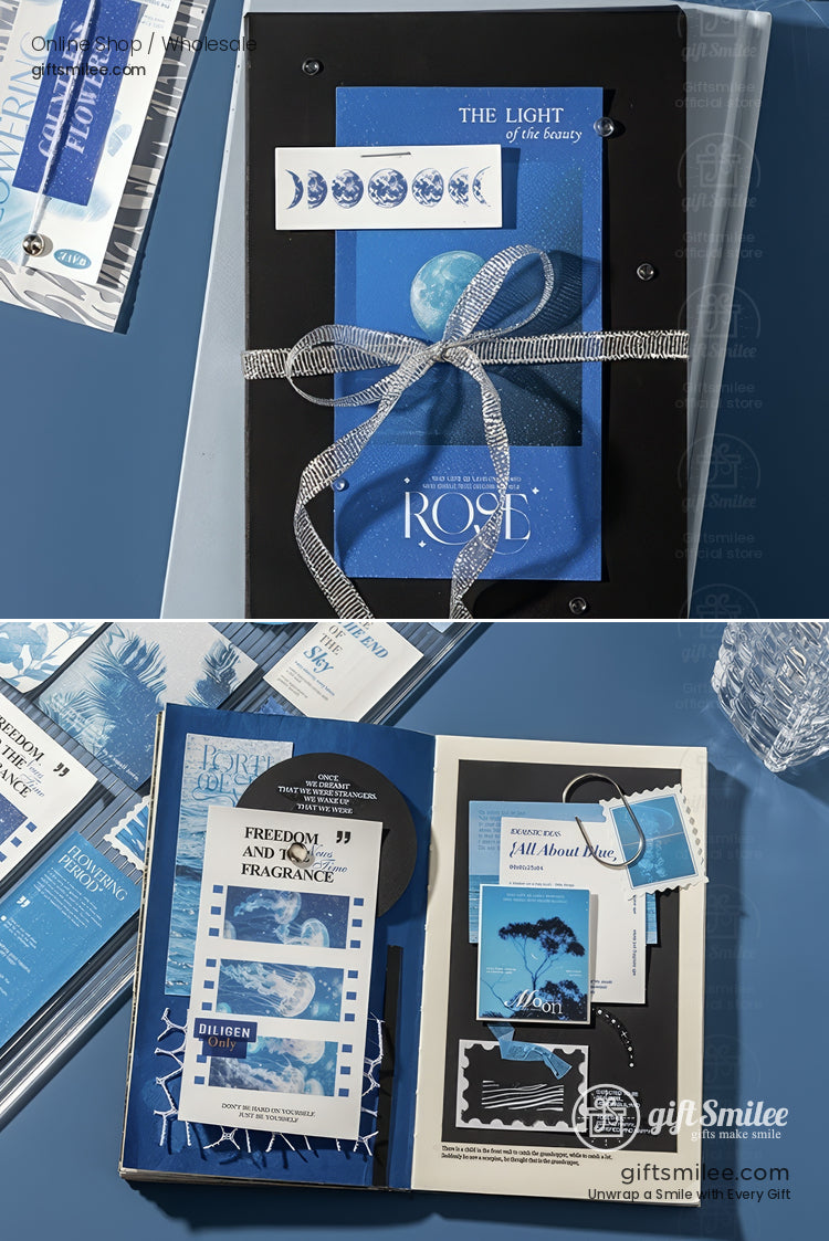 Blue and black stationery gift set with moon phase designs silver ribbon artistic postcards and celestialthemed inserts