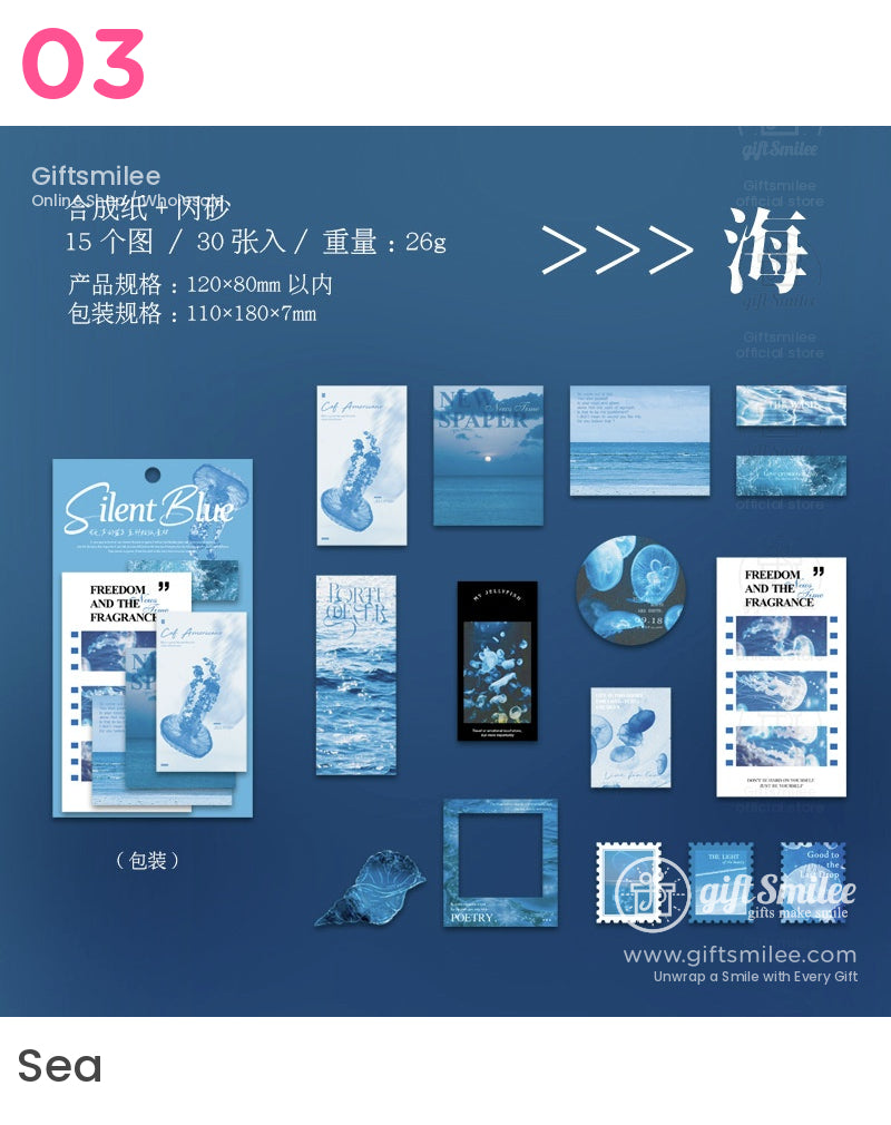 Assorted bluethemed stationery set with oceaninspired designs including jellyfish waves and poetic text details