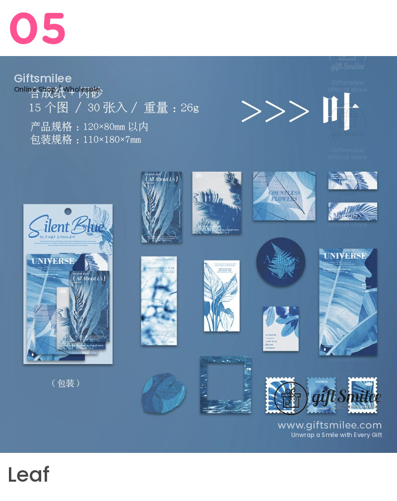 Assorted bluetoned paper stickers with botanical prints leaf patterns and elegant designs in various shapes and sizes