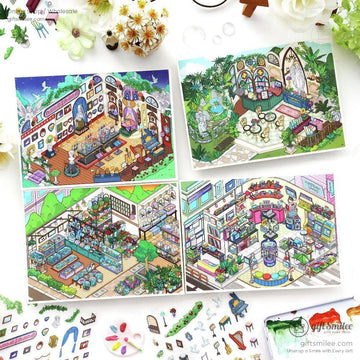 Four colorful illustrated scenes of themed interiors featuring gardens art studios shops and cozy decor elements