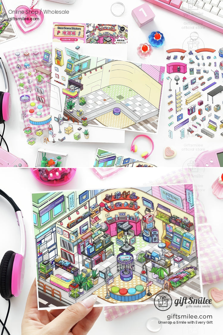 Colorful illustrated sticker sheets of a pasteltoned arcade scene with plants game machines and decorative details