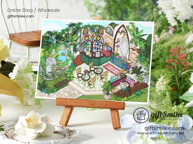 Colorful gardenthemed art print on wooden easel featuring lush greenery fountains stained glass and intricate details