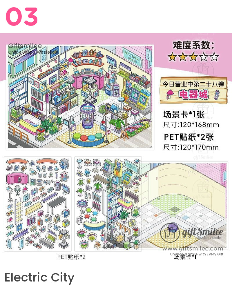Colorful electronics shop diorama with pastel tones modular furniture plants retro gadgets and detailed sticker sheets