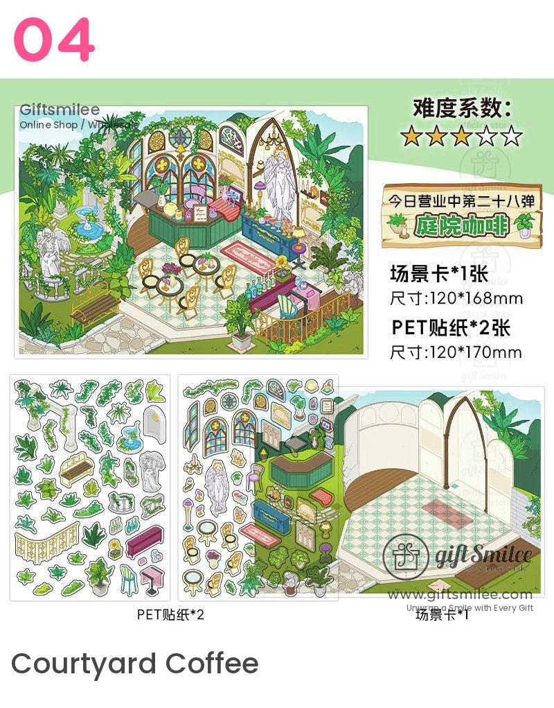 Illustrated garden caf set with greenery golden chairs arched windows statues and PET stickers of plants and dcor