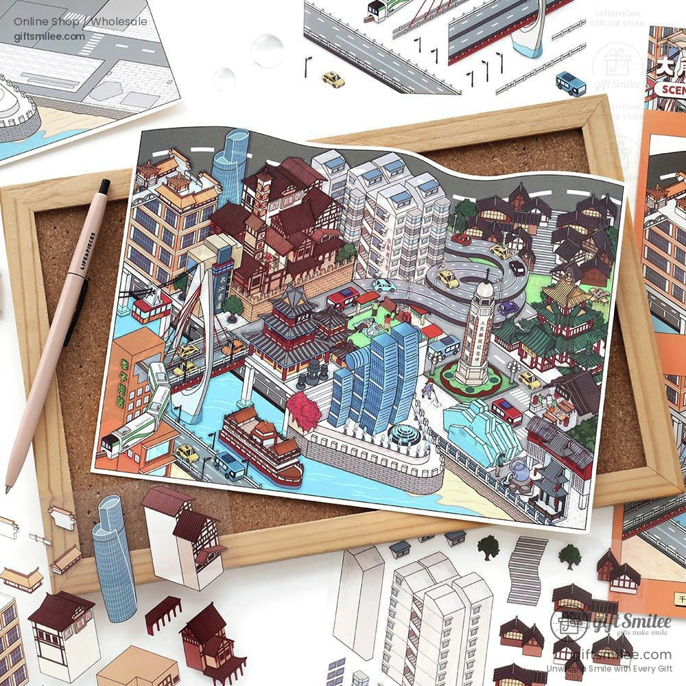 Colorful architectural puzzle sheets with modern and traditional buildings bridges and waterways on a white surface