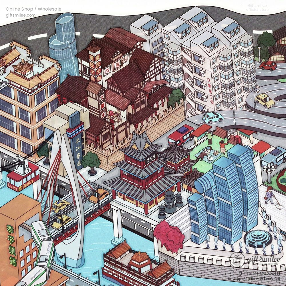 Colorful urban illustration with modern skyscrapers traditional pagodas arched bridge and bustling streets