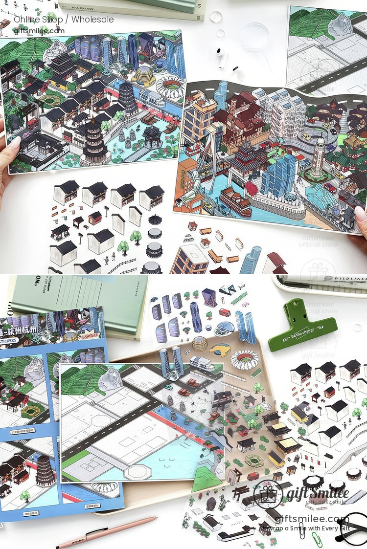 Colorful 3D cityscape puzzle with detailed buildings landmarks and trees on a white desk with assembly pieces