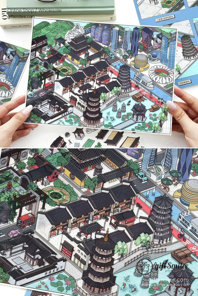Detailed handdrawn cityscape illustration with traditional pagodas modern skyscrapers and vibrant greenery