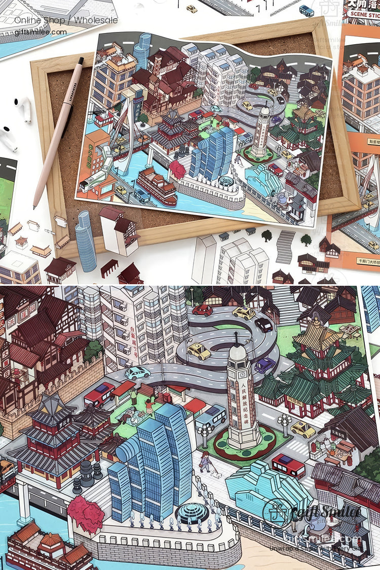 Intricate 3D paper puzzle of an urban cityscape featuring modern skyscrapers traditional pagodas and detailed landmarks