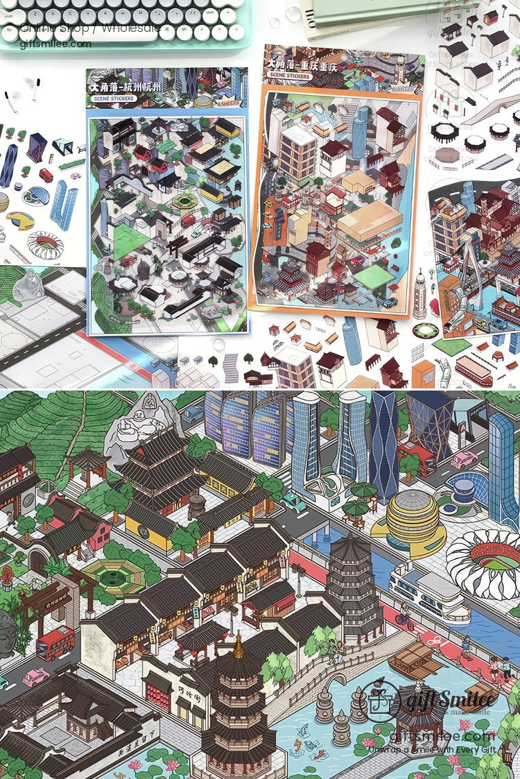 Illustrated cityscape puzzle set with vibrant urban and traditional architectural designs detailed pieces and colorful layouts