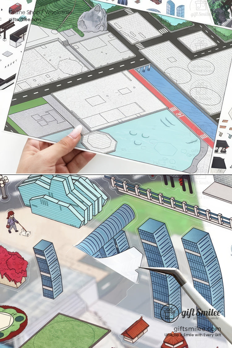 Interactive city planning kit with colorful modular buildings roads waterways and movable 3D architectural pieces