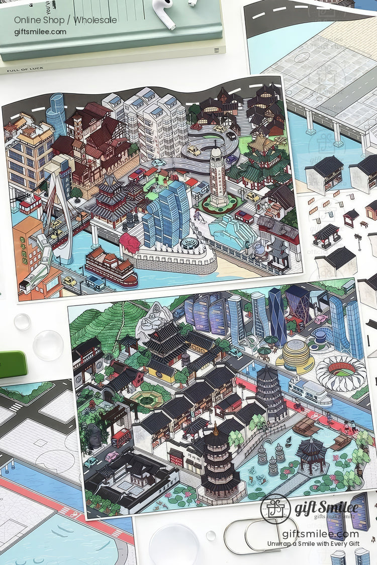 Illustrated cityscape puzzles with vibrant buildings modern skyscrapers traditional pagodas waterways and bridges