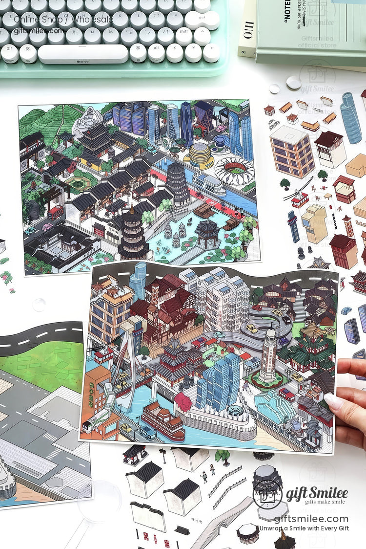 Hand assembling colorful architectural cityscape puzzle with modern skyscrapers traditional temples and urban landmarks