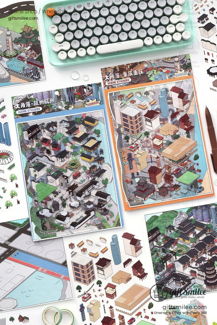 Colorful city map puzzle stickers with detailed architecture vibrant buildings and modern urban scenery on a desk