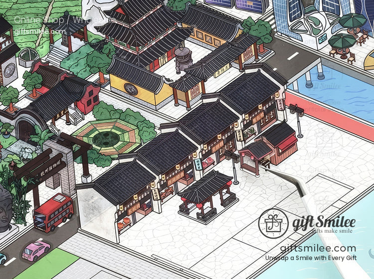 Illustrated traditional Chinese marketplace with blacktiled rooftops courtyards greenery and a waterfront view