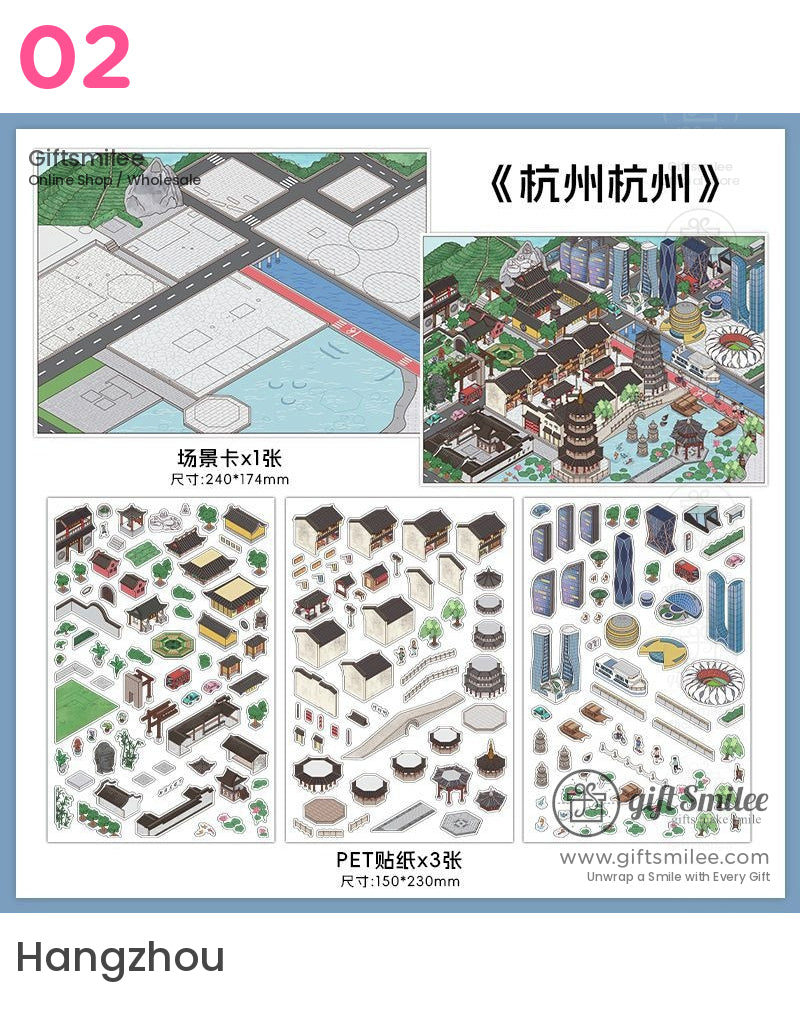 DIY Hangzhou cityscape kit with colorful PET stickers traditional Chinese buildings modern skyscrapers and scenic map