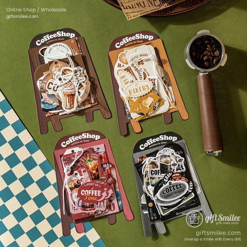 Assorted coffeethemed stickers with vibrant designs featuring drinks pastries beans and typography on a checkered surface