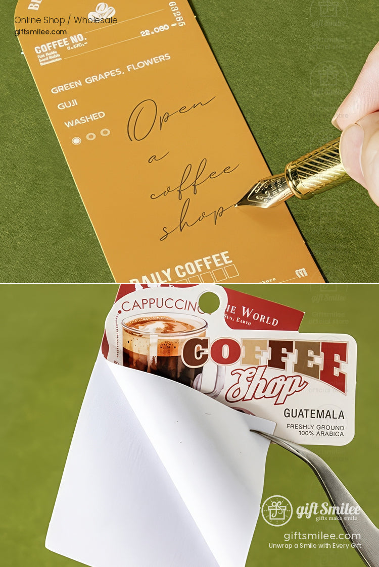Gold fountain pen writing on caramelcolored card with coffee details paired with Guatemala coffee label on green backdrop