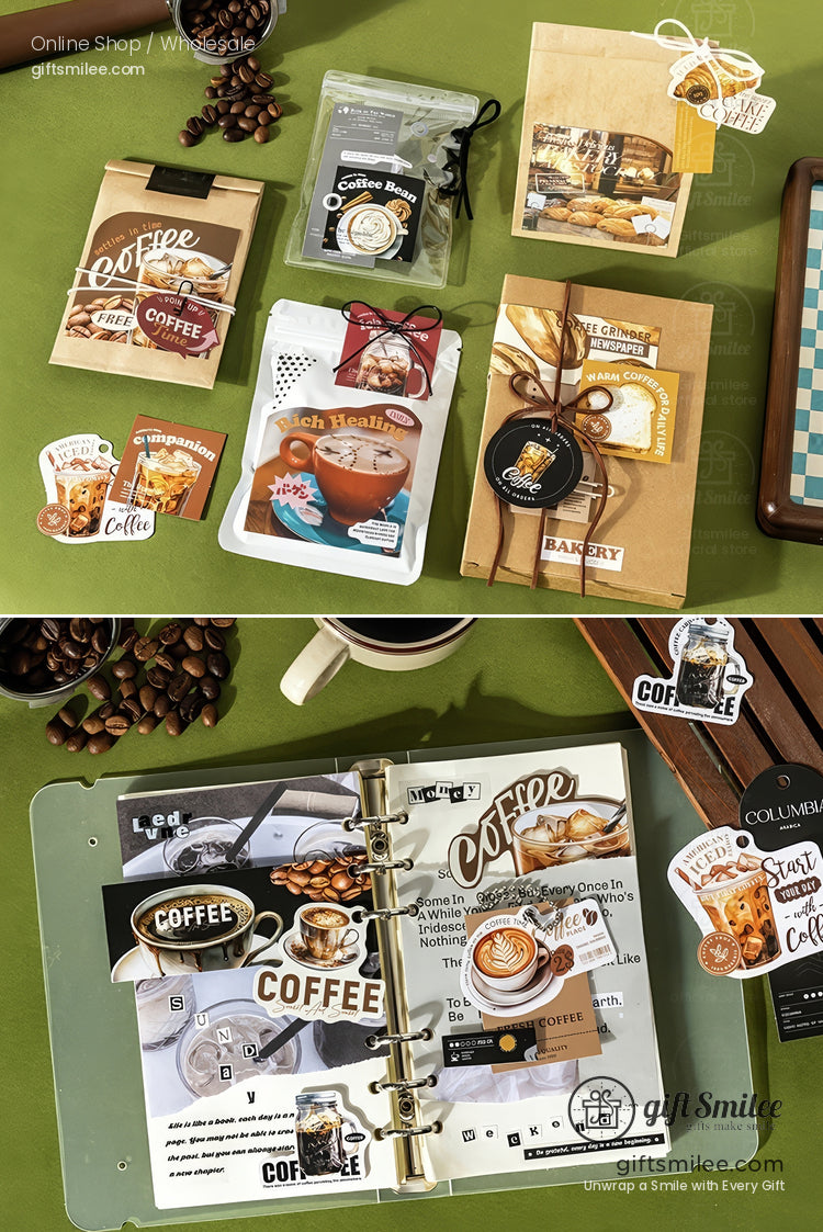 Coffeethemed stationery set with kraft paper packaging stickers tags and latteinspired scrapbook designs on a green surface