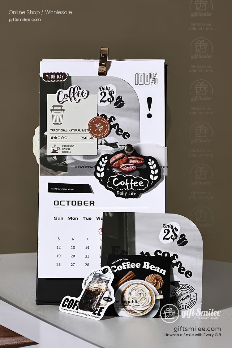 Black and white coffeethemed desk calendar with stickers coffee bean motifs and minimalist design elements