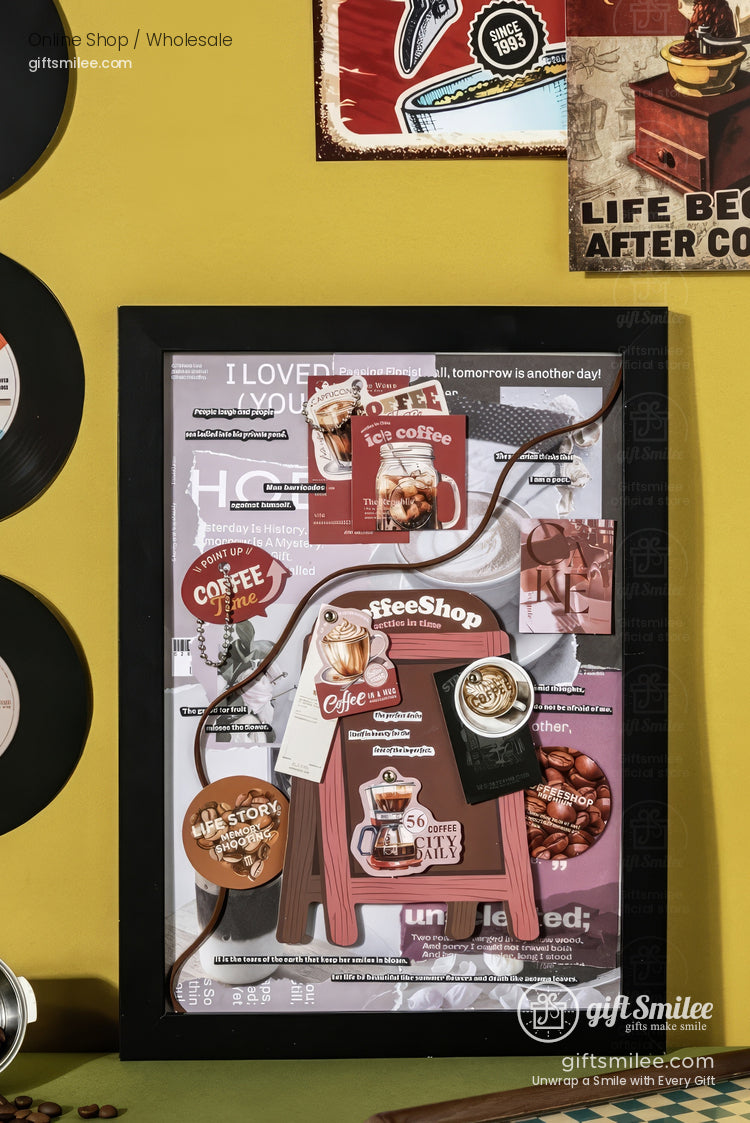 Blackframed coffeethemed collage with retro signs vibrant red accents and vintagestyle illustrations on a yellow wall