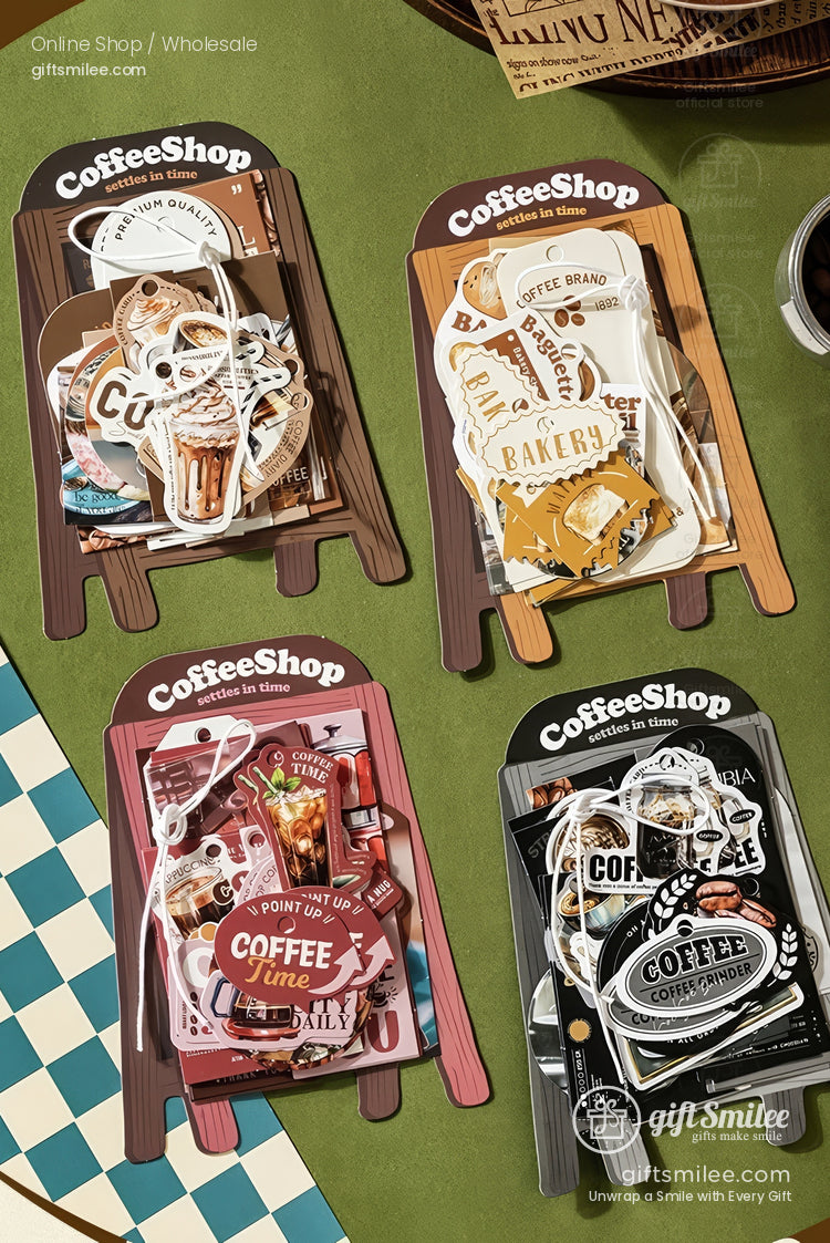 Coffeethemed sticker packs with vintage designs in brown yellow red and black displayed on wooden frames