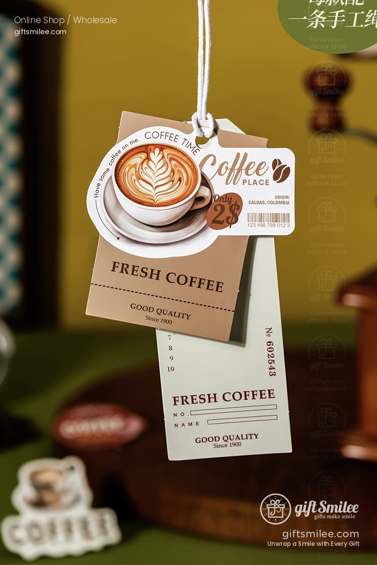 Beige and cream coffeethemed tags with latte art illustration vintage typography and string attachment