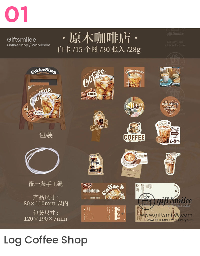 Coffeethemed stationery set with brown and beige stickers tags and illustrations of iced drinks and latte art