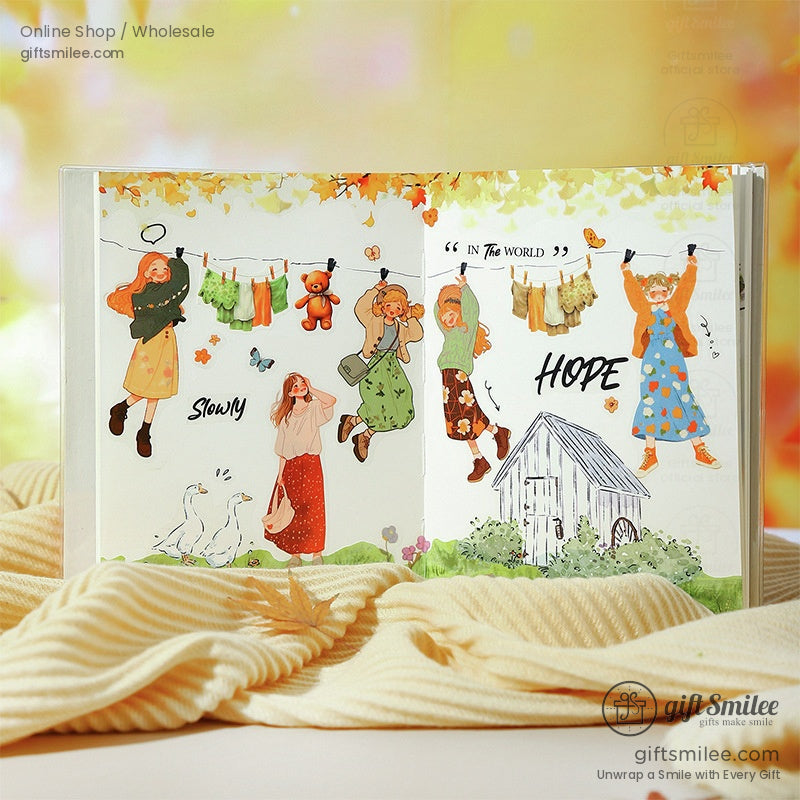 Whimsical autumnthemed illustration with women in colorful outfits laundry line geese rustic shed and vibrant foliage