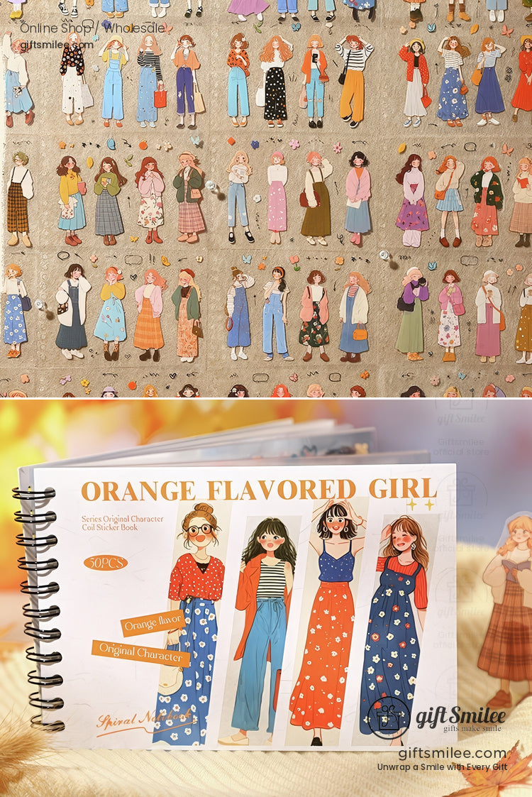 Illustrated notebook with vibrant characters in retro outfits spiral binding and Orange Flavored Girl cover design