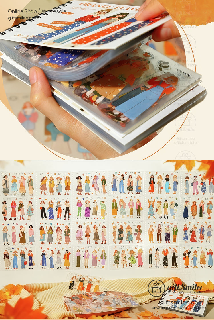 Spiralbound sticker book with colorful autumnthemed character designs organized on glossy sheets vibrant and decorative