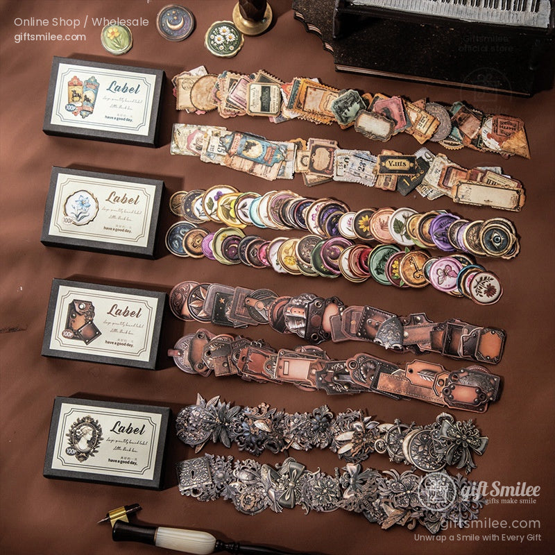 Vintagestyle sticker sets with antique motifs including leather accents florals stamps and metallic details