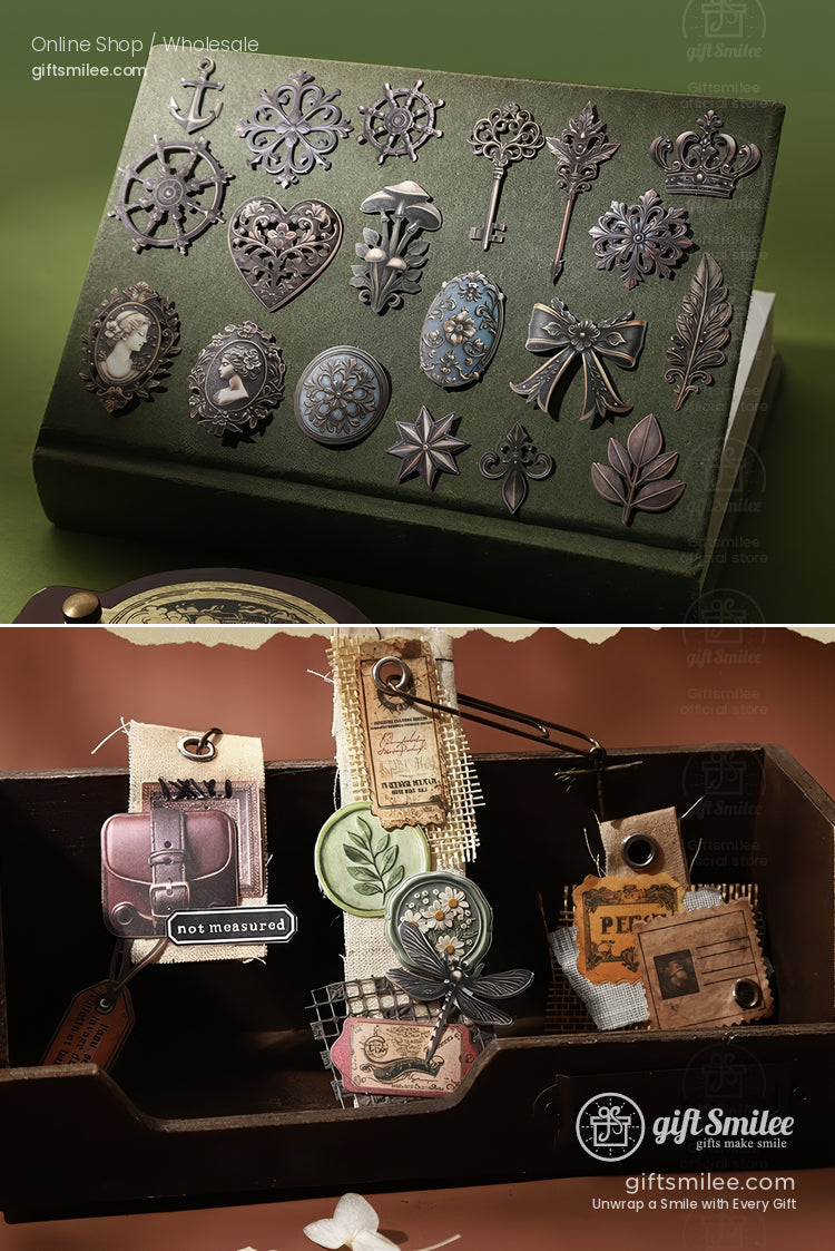Vintagestyle metal embellishments and tags with intricate designs displayed on green and brown backdrops