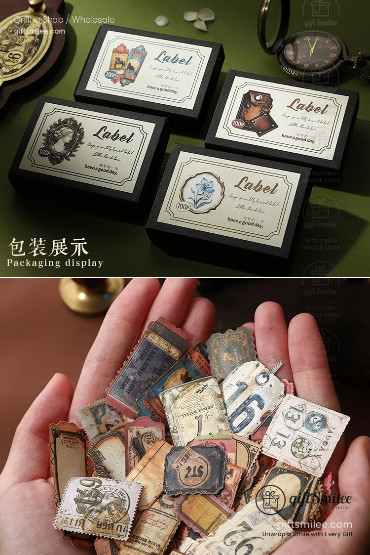 Vintagestyle decorative stamps in assorted designs and colors packaged in black rectangular boxes with elegant labels