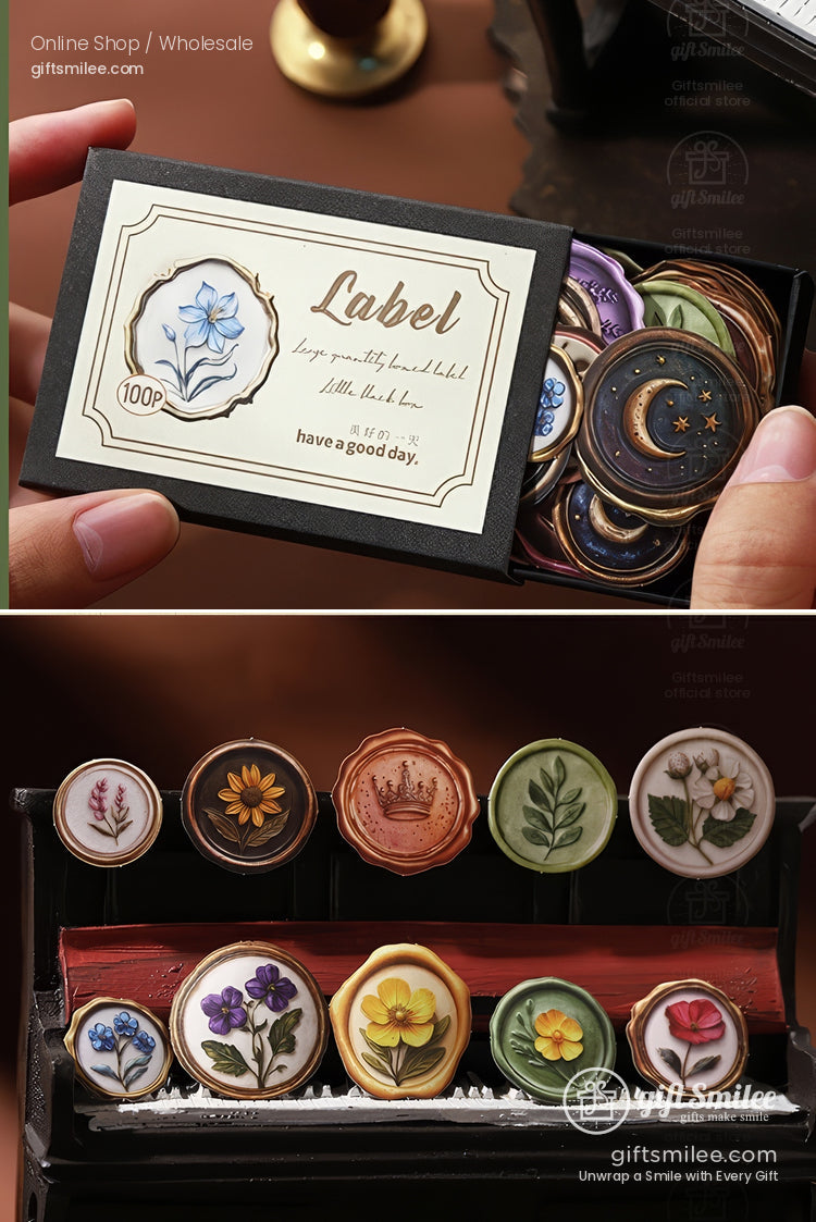 Decorative vintagestyle wax seals with floral and celestial designs vibrant colors and intricate details in a gift box