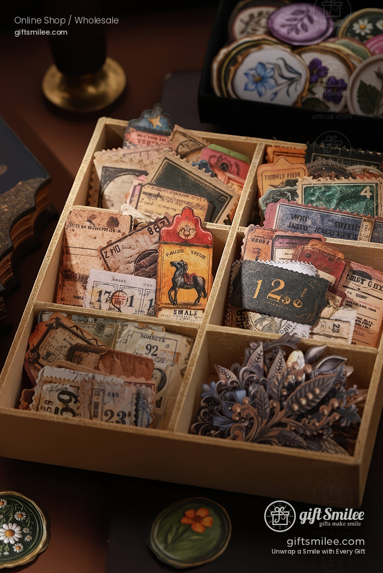 Vintagestyle stamp collection in a wooden organizer featuring colorful designs intricate patterns and floral motifs