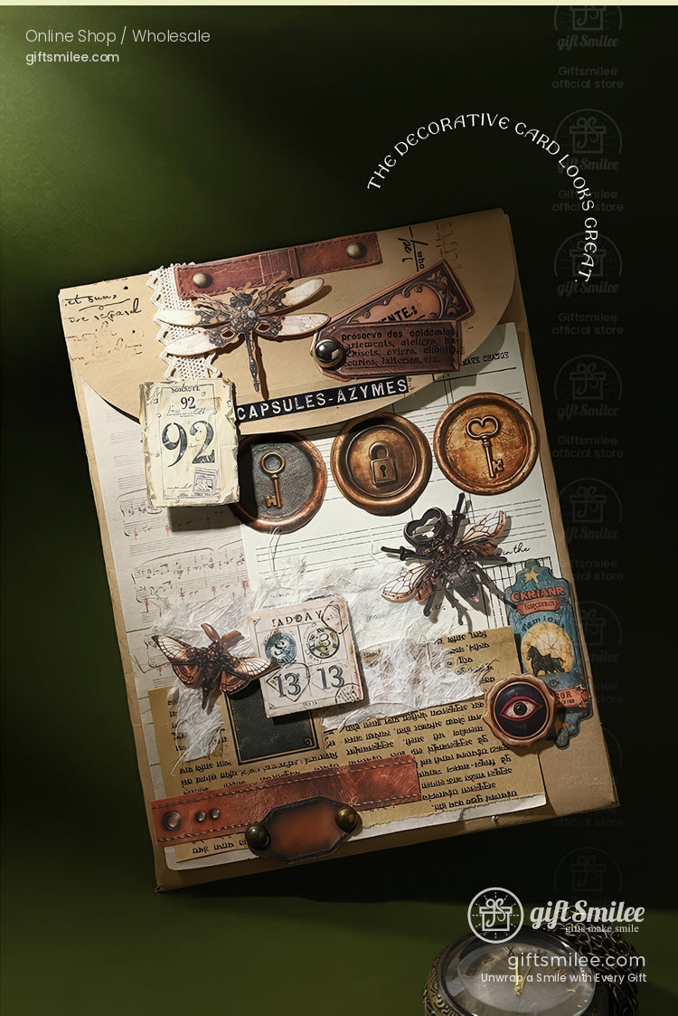 Vintageinspired scrapbook page with beige paper brass key illustrations clock embellishments and botanical accents