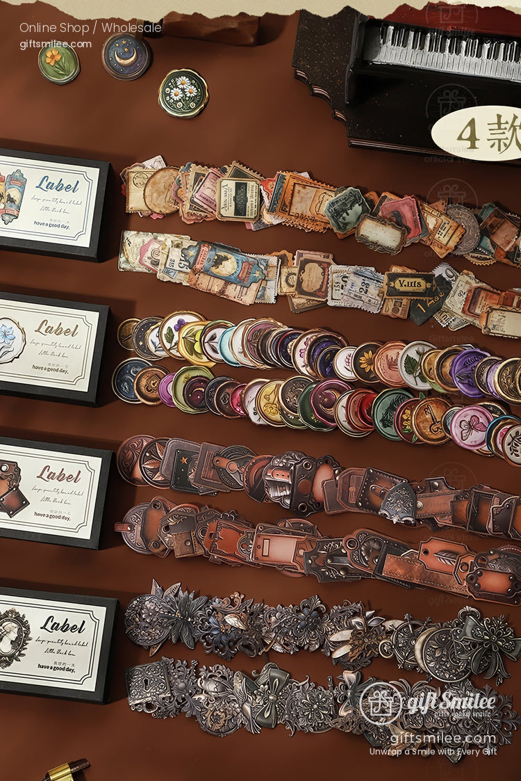 Assorted vintagestyle labels colorful round badges leather embellishments and ornate metal charms on a brown surface