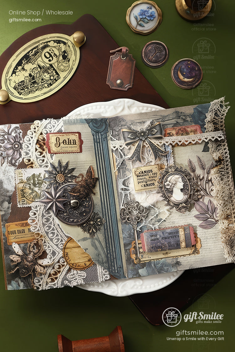 Vintage scrapbook with intricate lace metal embellishments floral accents and antiquestyle paper on a green background