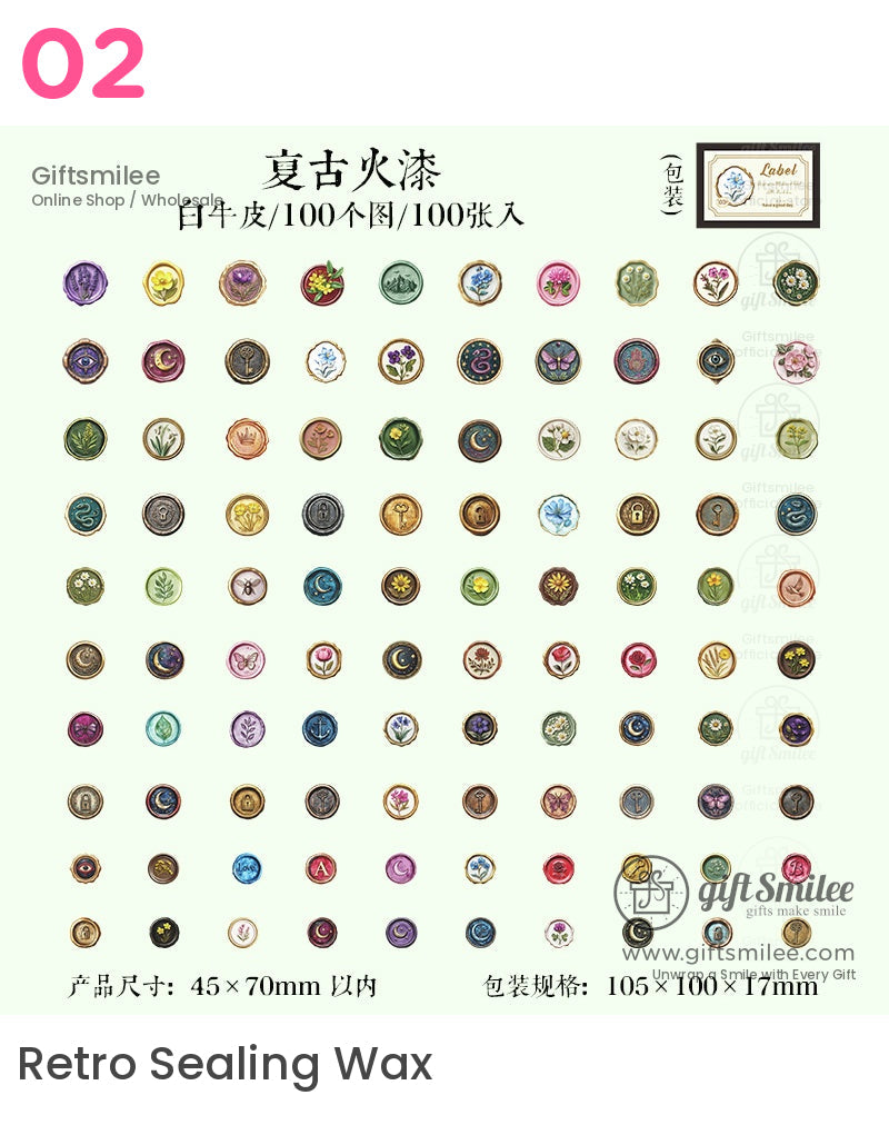 Assorted vintage wax seal stickers with vibrant floral celestial and botanical designs in gold green and pastel hues